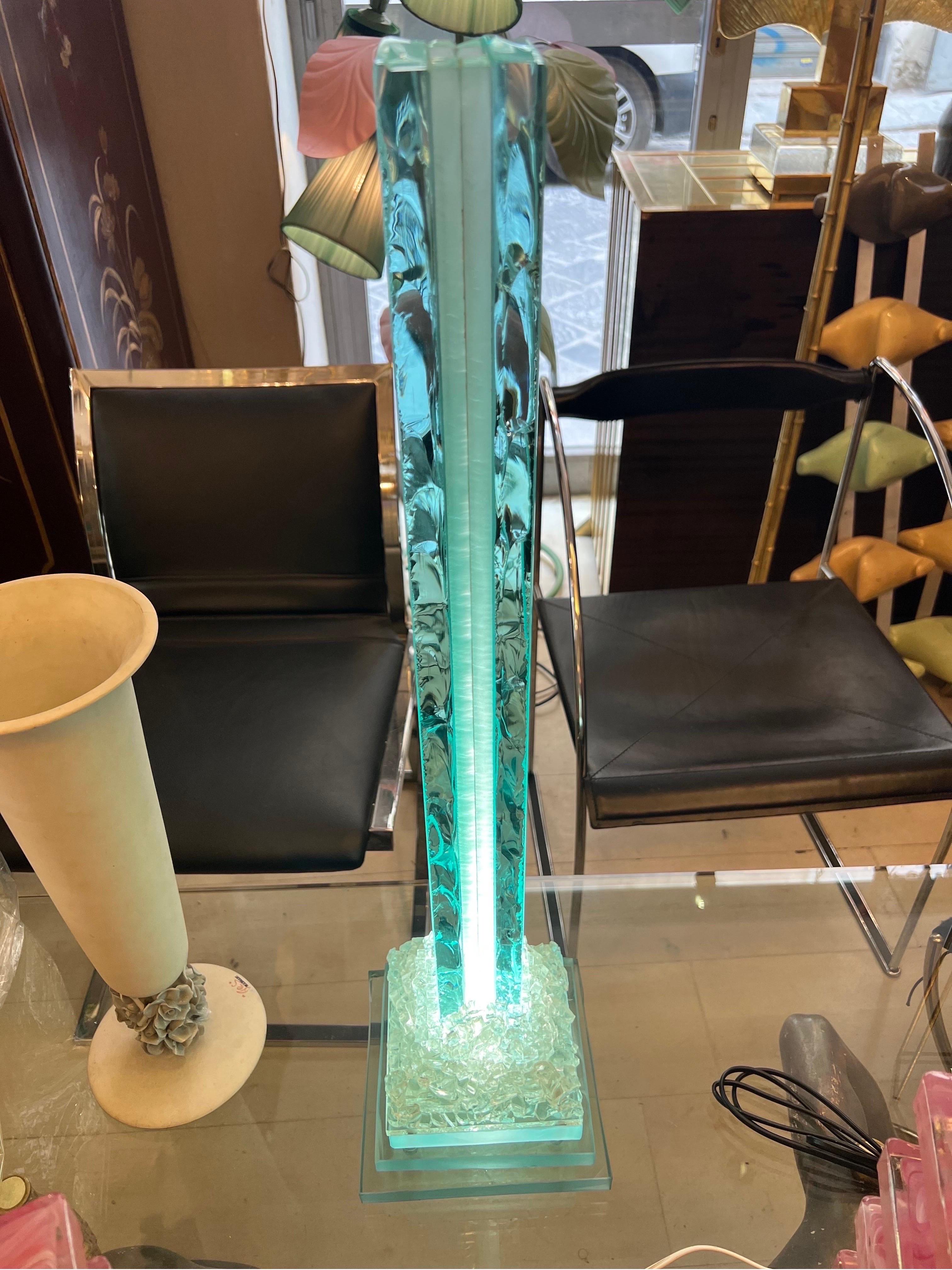 Vintage Aquamarine Glass Menhir Sculpture table lamp with led light. 
The Menhirs (from the Breton men and hir 