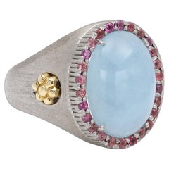 Vintage Aquamarine Pink Tourmaline Ring Sterling Silver 925 and 18K Gold