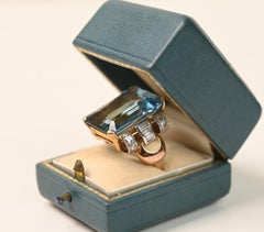 Vintage Aquamarine Ring. 19ct Aquamarine Diamond Accent Ring 18K Yellow Gold