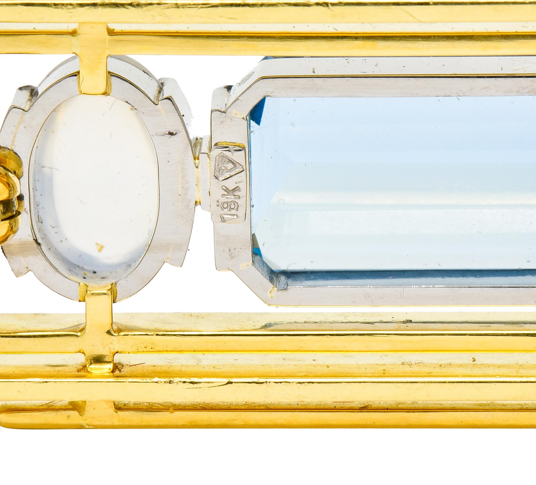 Vintage Aquamarine Tourmaline Moonstone 18 Karat Two-Tone Gold Geometric Brooch 1