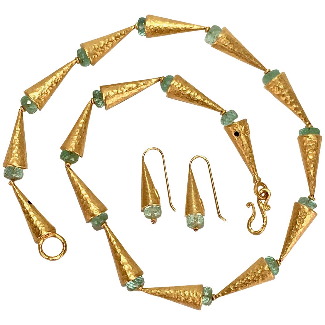 Vintage Ara 24 Karat Gold and Emerald Beaded Necklace and Earring Set