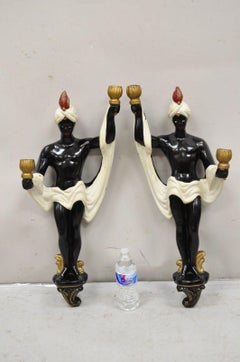 Vintage Arabian Chalkware Male Figural Wall Sconce Candlesticks - a Pair