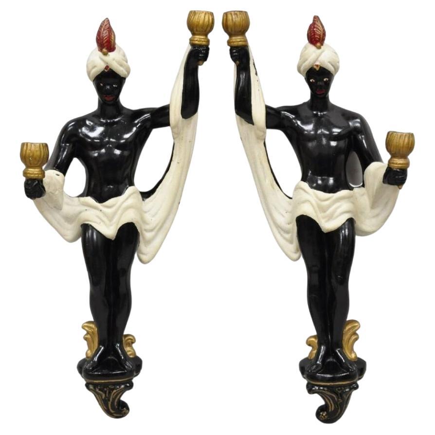 Vintage Arabian Chalkware Male Figural Wall Sconce Candlesticks - a Pair For Sale