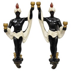 Vintage Arabian Chalkware Male Figural Wall Sconce Candlesticks - a Pair