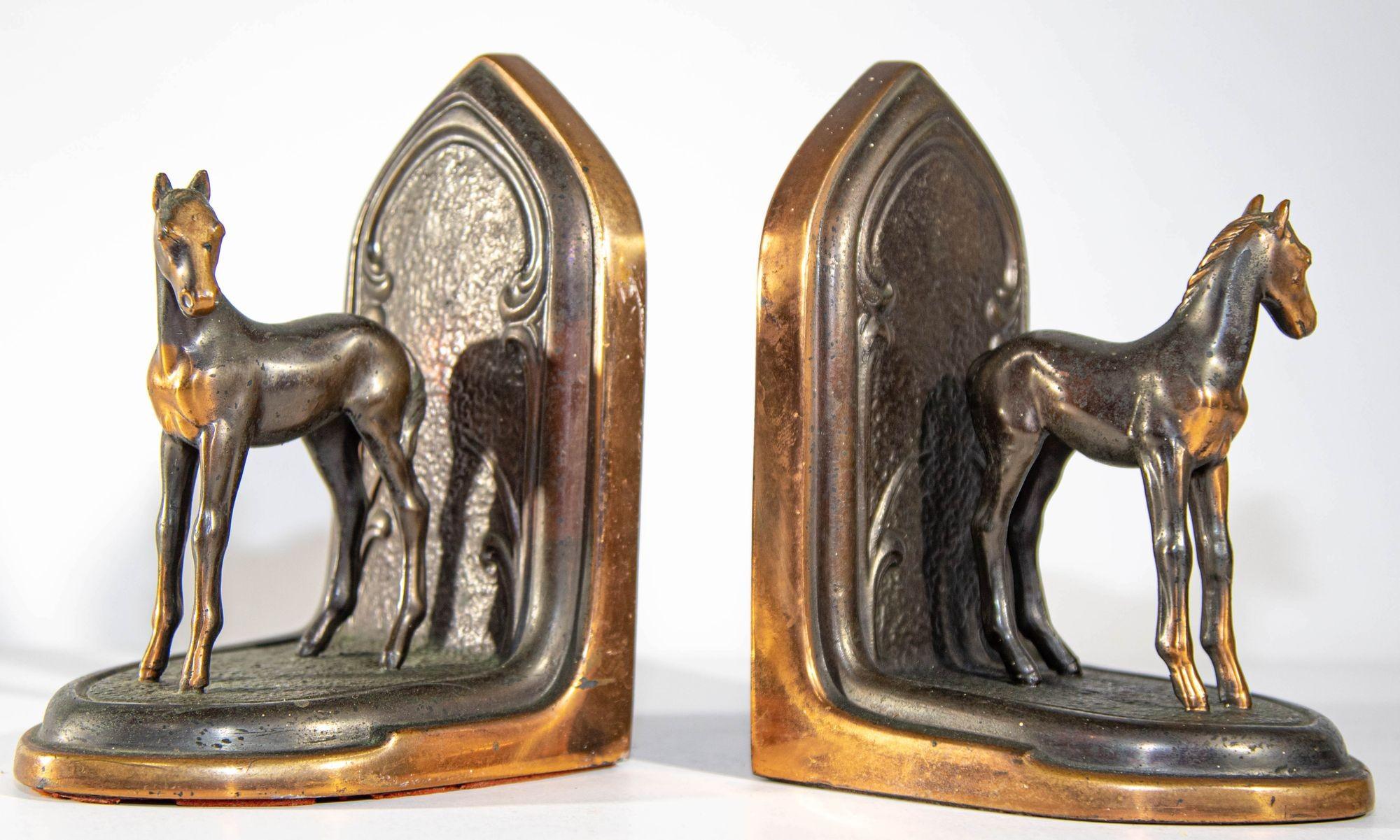 Vintage Arabian Horses Copper Bronze Bookends Equestrian Decor Art Nouveau Style 3