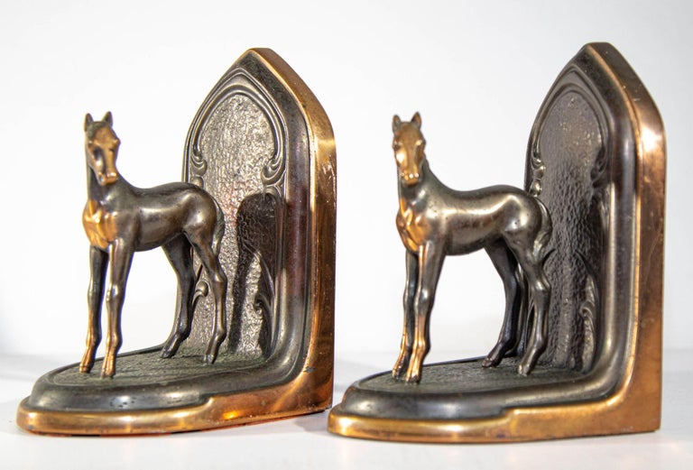 Vintage Arabian Horses Copper Bronze Bookends Equestrian Decor Art Nouveau Style For Sale 4