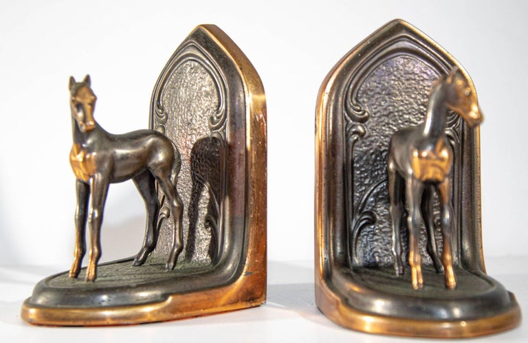 Vintage Arabian Horses Copper Bronze Bookends Equestrian Decor Art Nouveau Style For Sale 5