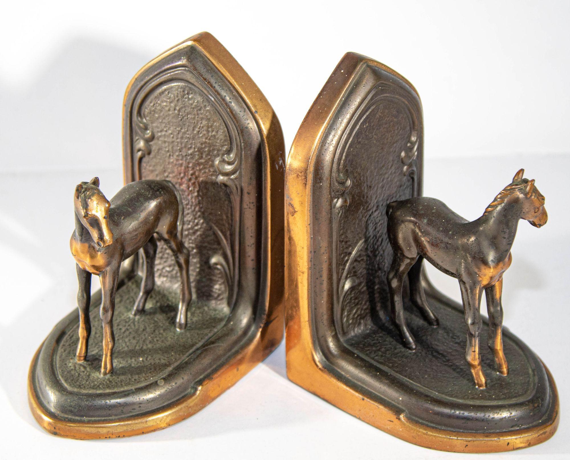 Vintage Arabian Horses Copper Bronze Bookends Equestrian Decor Art Nouveau Style 7