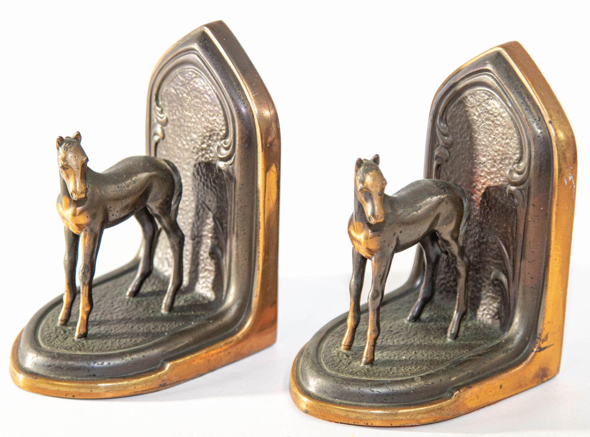 Vintage Arabian Horses Copper Bronze Bookends Equestrian Decor Art Nouveau Style 8