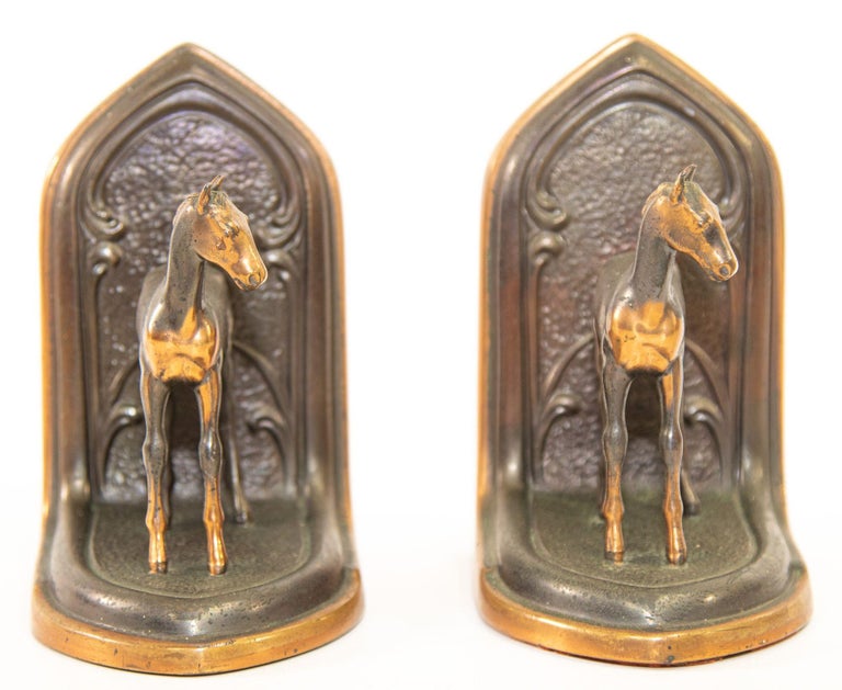 Vintage Arabian Horses Copper Bronze Bookends Equestrian Decor Art Nouveau Style In Good Condition For Sale In North Hollywood, CA
