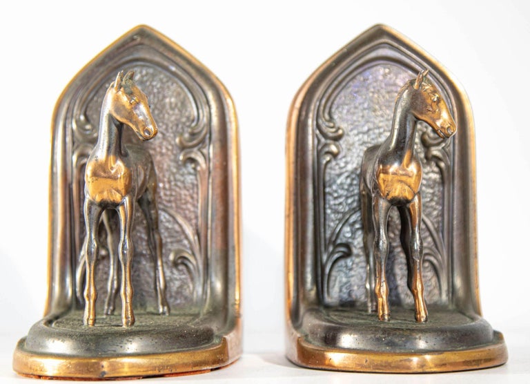 Vintage Arabian Horses Copper Bronze Bookends Equestrian Decor Art Nouveau Style For Sale 1