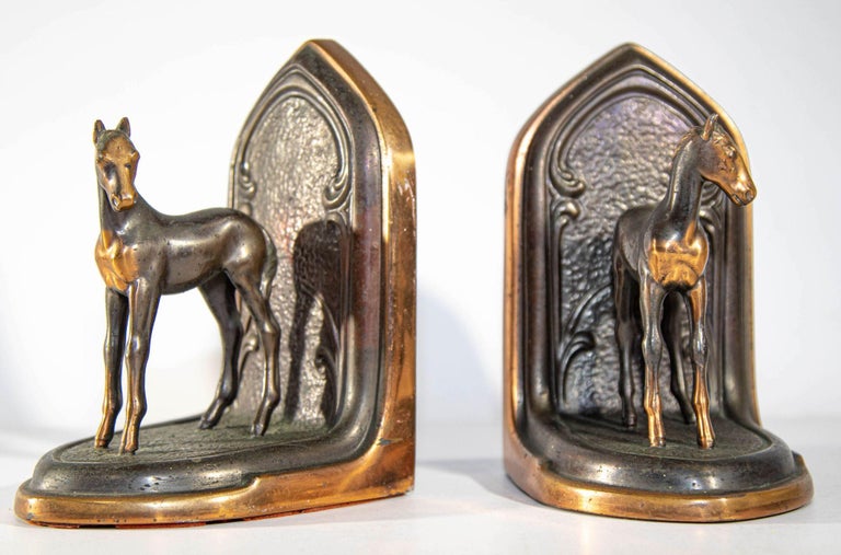 Vintage Arabian Horses Copper Bronze Bookends Equestrian Decor Art Nouveau Style For Sale 2
