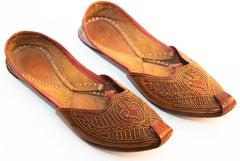 Vintage Arabian Mughal Leather Shoes with Gold Embroidered Curled Toe