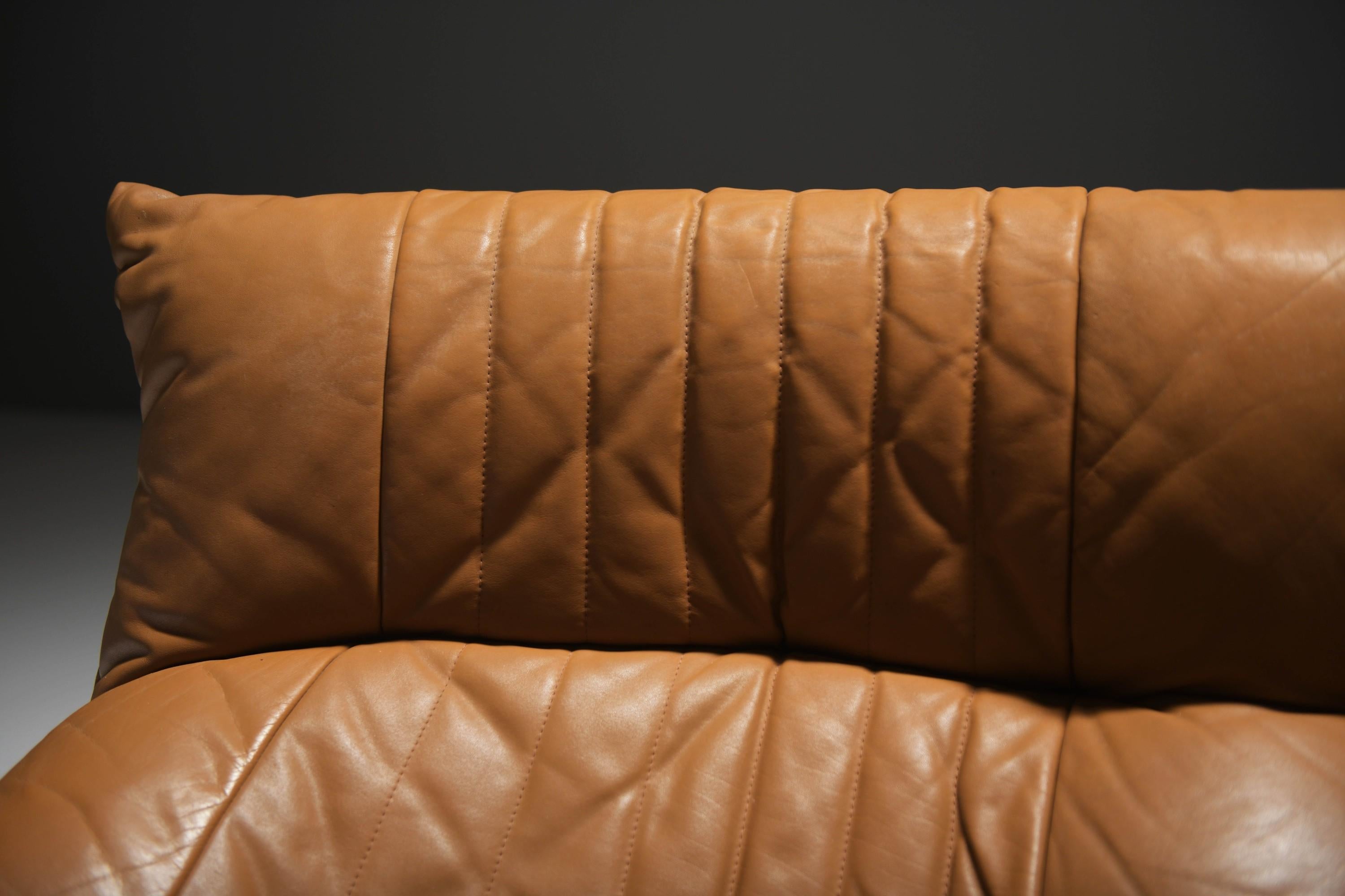 Leather Vintage Aralia sofa in original cognac leather by Michel Ducaroy for Ligne Roset