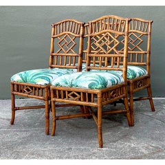 Vintage Arched Back Rattan Dining Chairs in Manuel Canovas - Set of 4