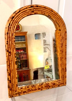 Vintage Arched Bamboo Mirror, Tortoise Finish, Circa 1970, Wall Decor