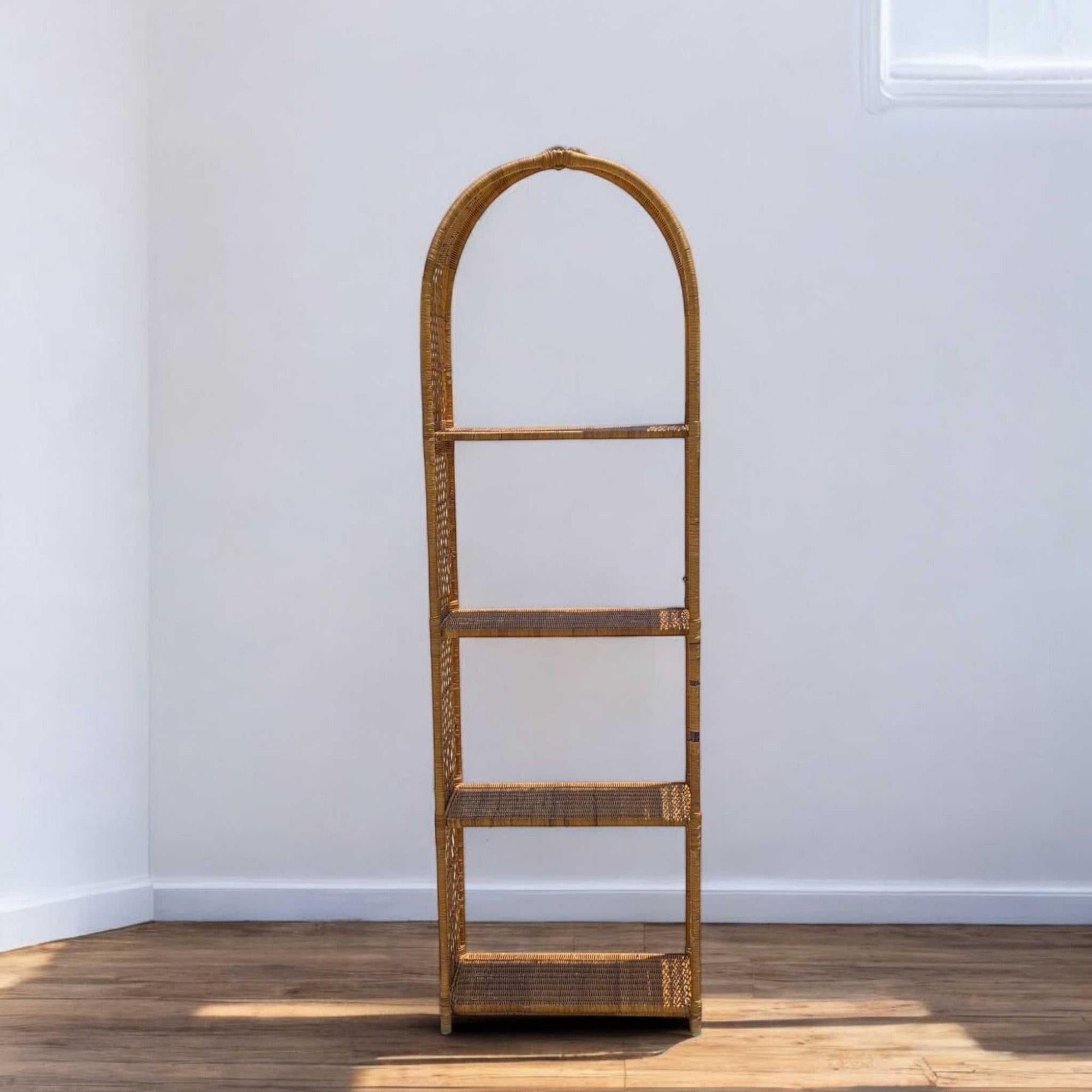 Vintage Arched Rattan Tall Etagere - Woven Wicker Bookshelf, 1970s For Sale 4