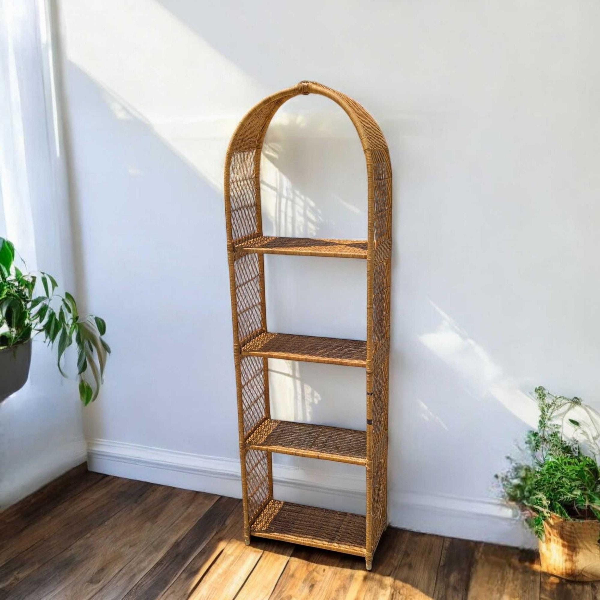 Vintage Arched Rattan Tall Etagere - Woven Wicker Bookshelf, 1970s For Sale 7