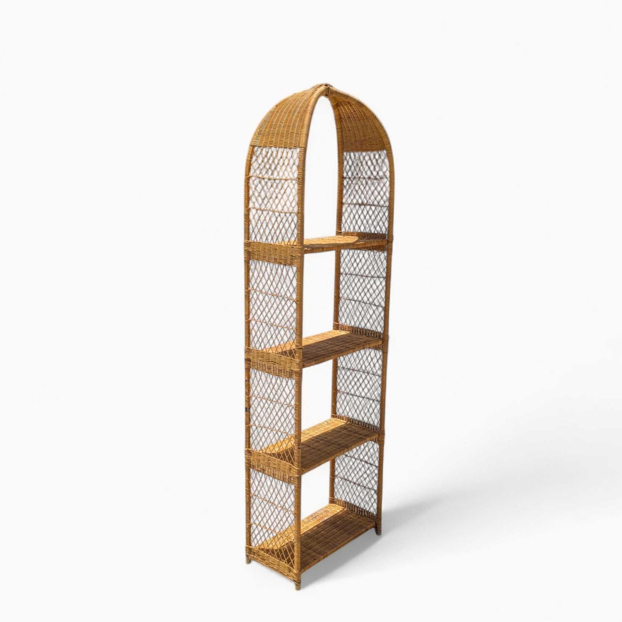 Vintage Arched Rattan Tall Etagere - Woven Wicker Bookshelf, 1970s For Sale 8