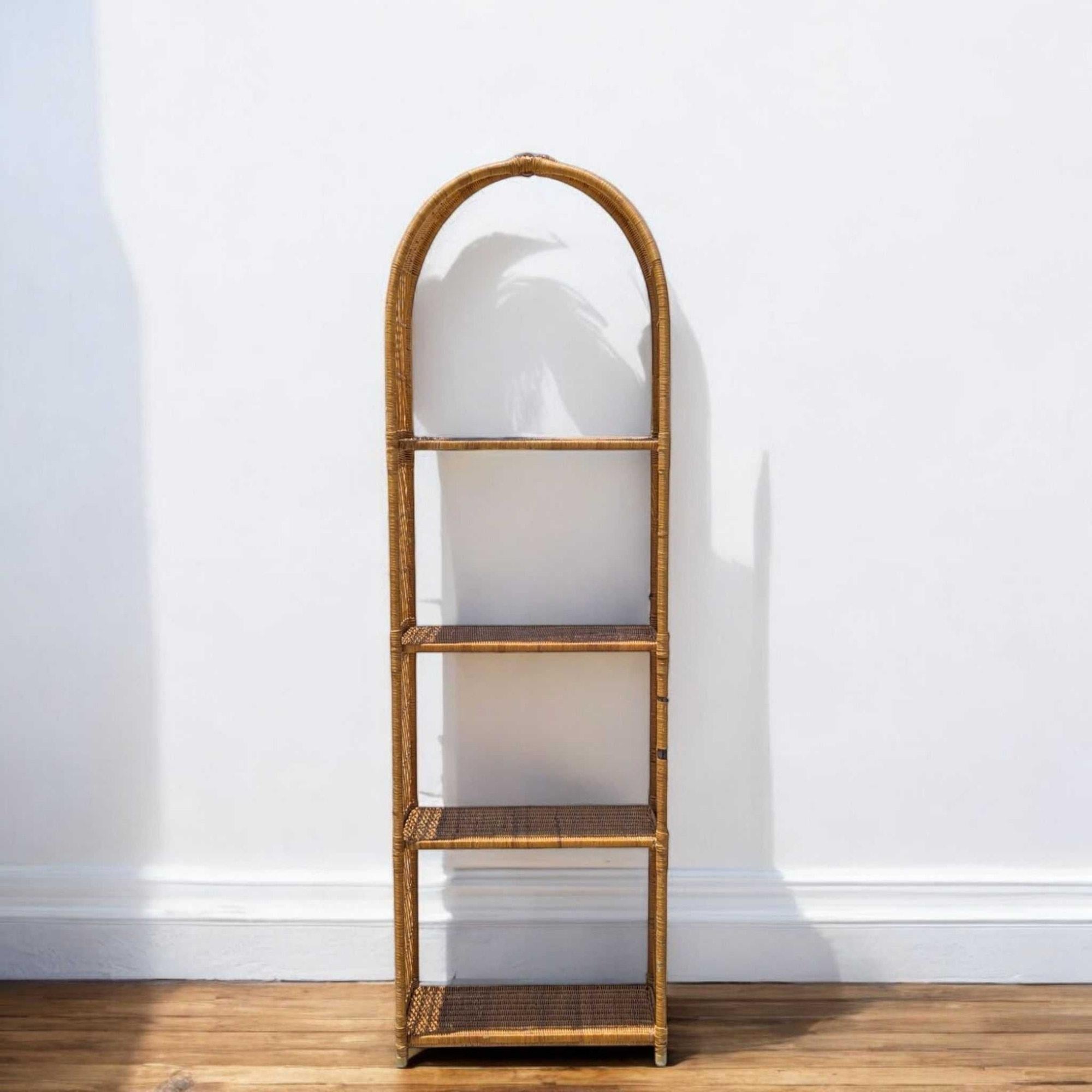 Vintage Arched Rattan Tall Etagere - Woven Wicker Bookshelf, 1970s For Sale 11