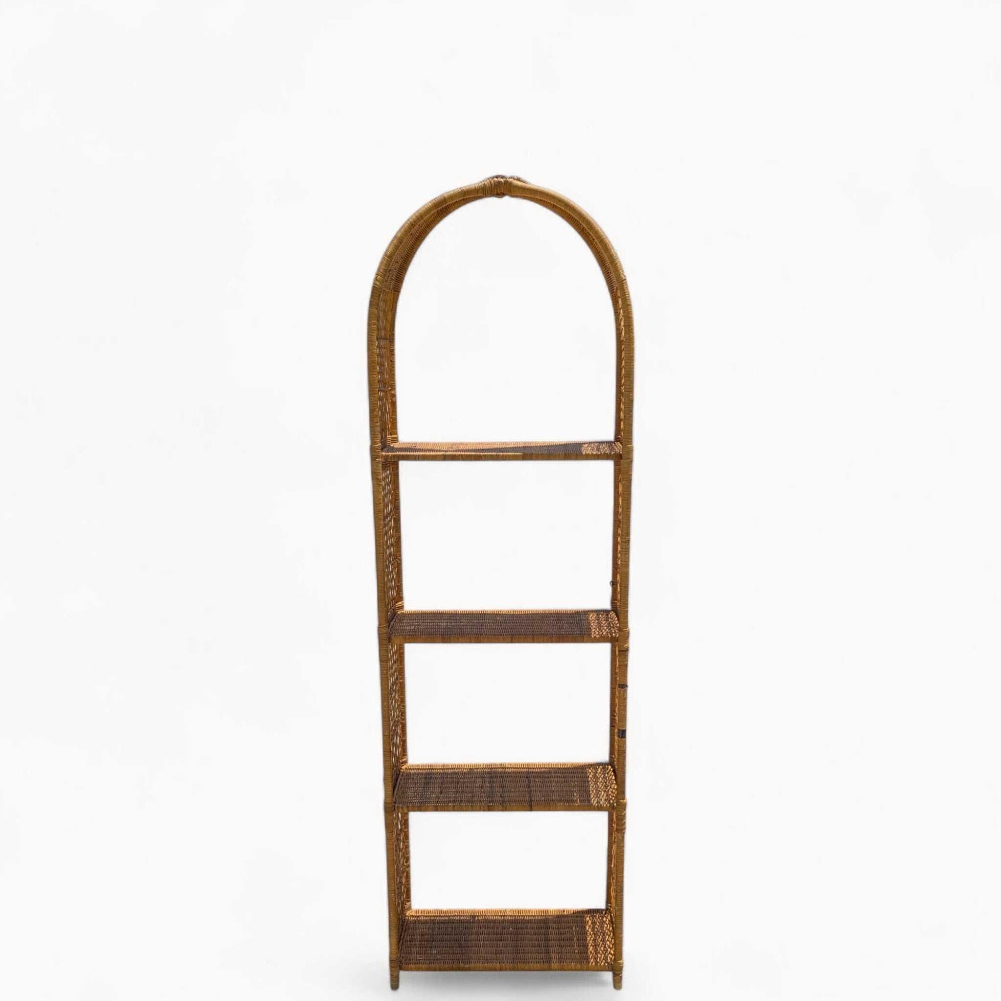 Vintage Arched Rattan Tall Etagere - Woven Wicker Bookshelf, 1970s For Sale 12