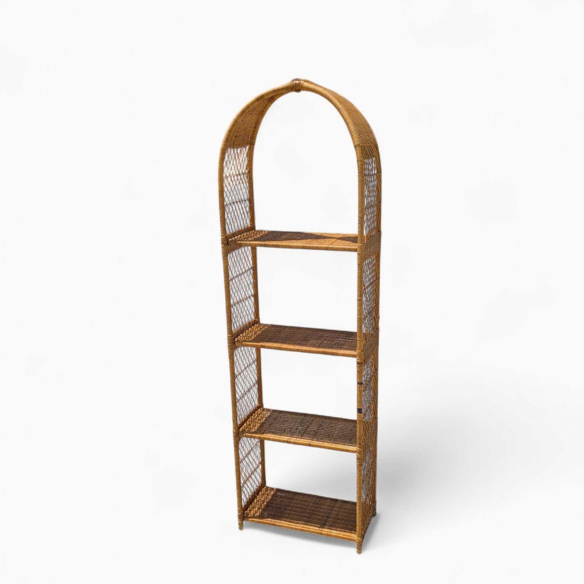 Vintage Arched Rattan Tall Etagere - Woven Wicker Bookshelf, 1970s For Sale 13