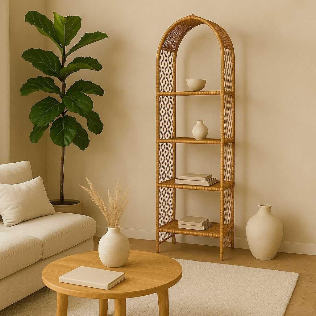 An elegant Late 20th Century etagere crafted in natural rattan and woven wicker, featuring a distinctive arched silhouette and four tiers of beautifully spaced shelving. This piece exudes a relaxed, organic aesthetic, perfect for enhancing boho,