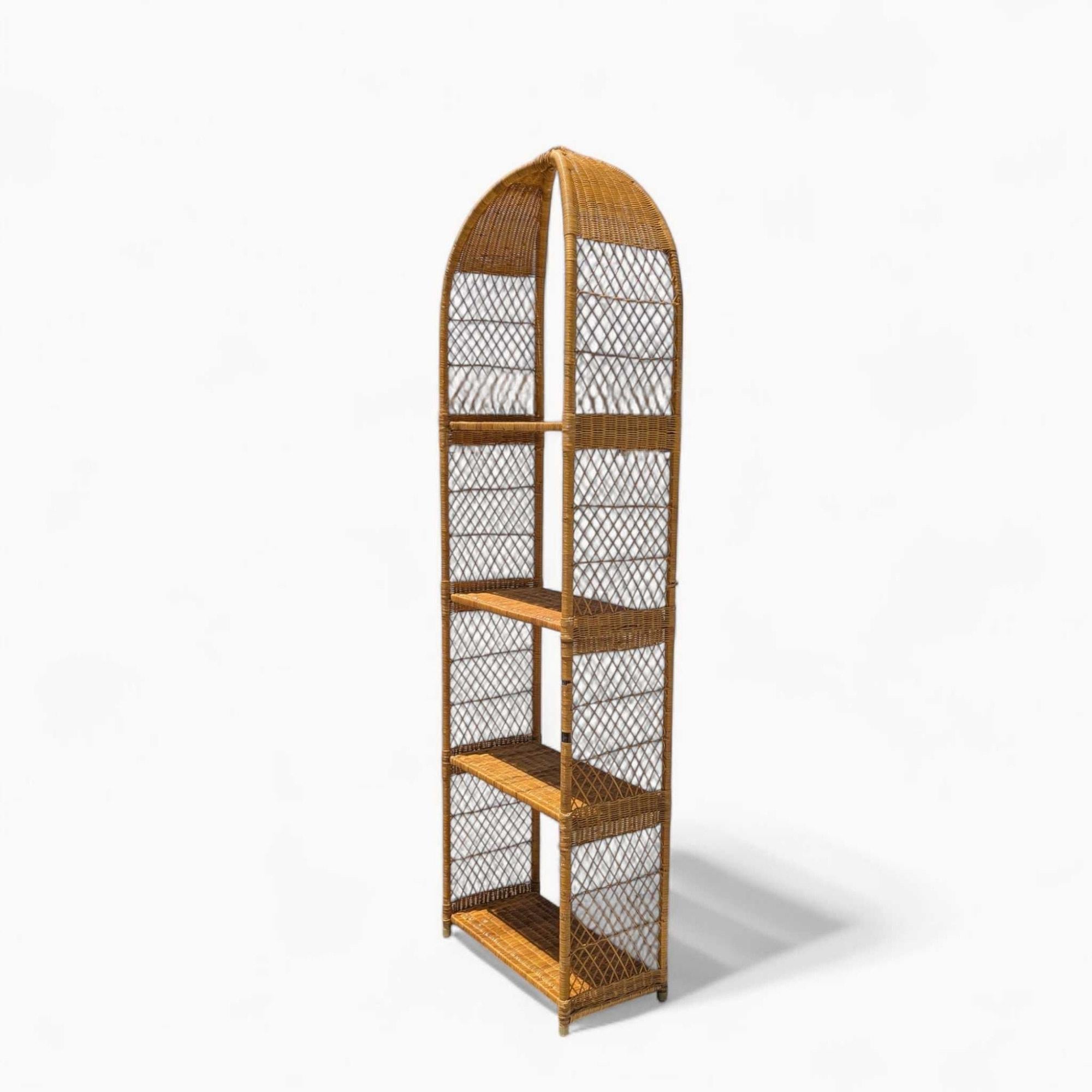 Mid-Century Modern Vintage Arched Rattan Tall Etagere - Woven Wicker Bookshelf, 1970s For Sale