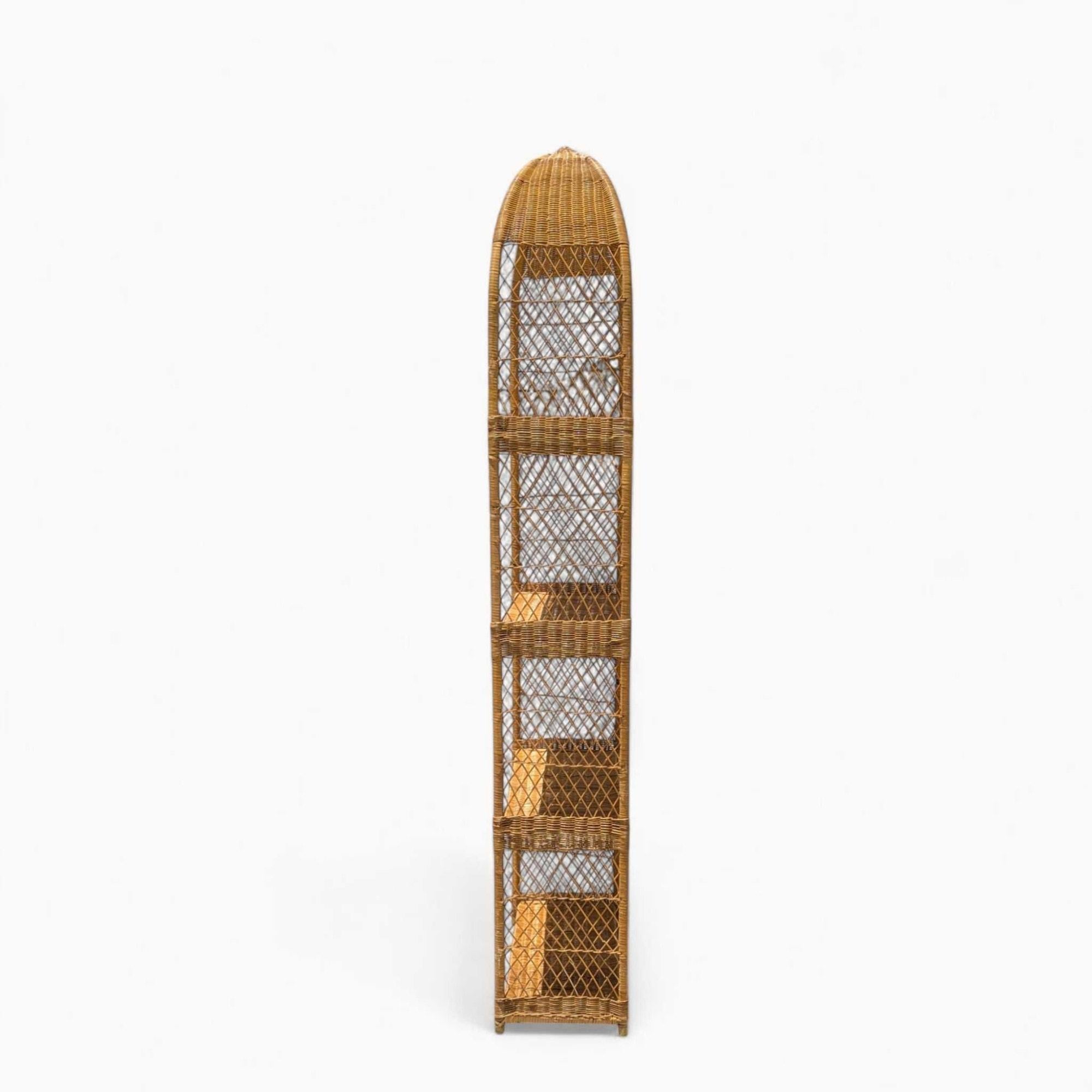 Unknown Vintage Arched Rattan Tall Etagere - Woven Wicker Bookshelf, 1970s For Sale