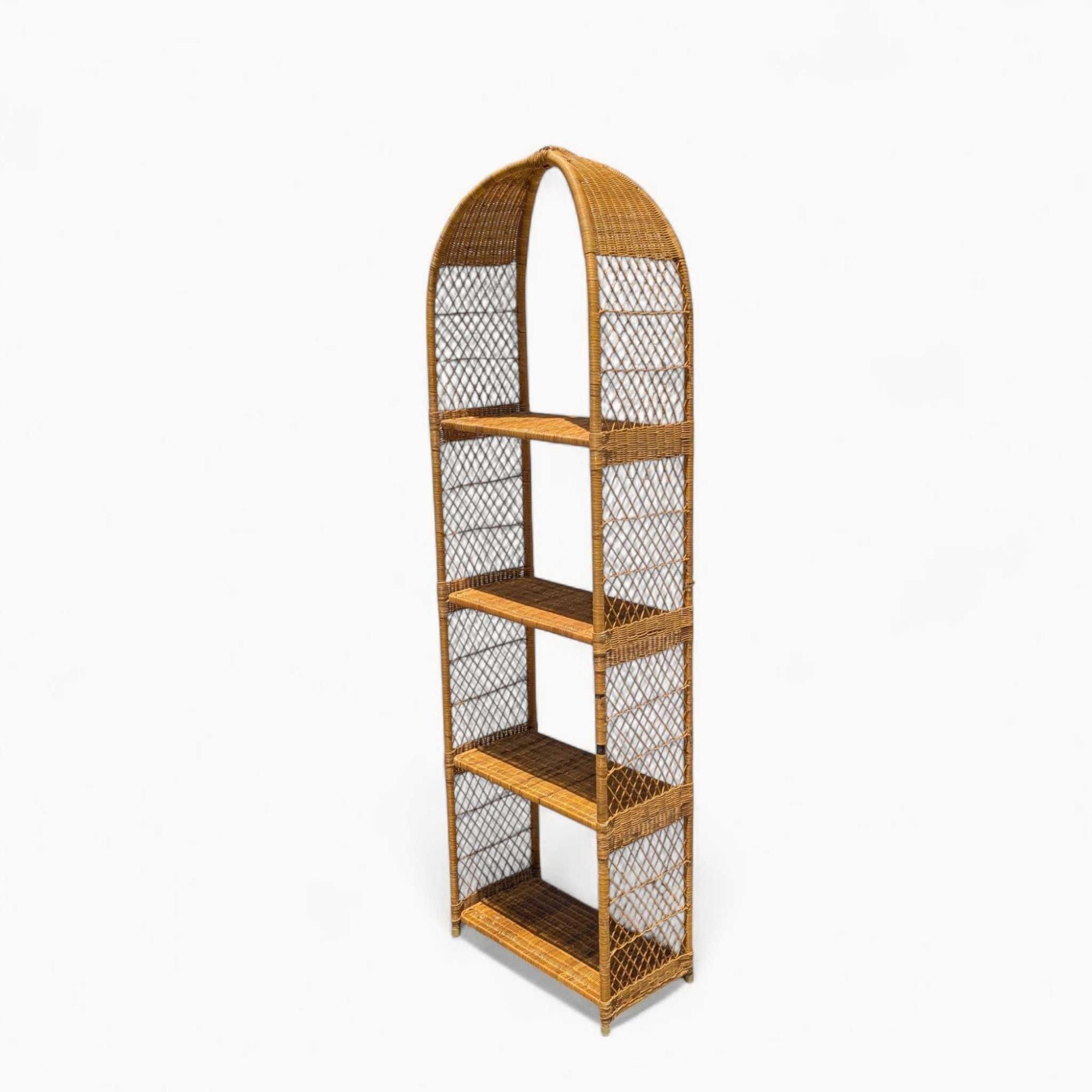 Vintage Arched Rattan Tall Etagere - Woven Wicker Bookshelf, 1970s For Sale 1