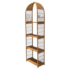Vintage Arched Rattan Tall Etagere - Woven Wicker Bookshelf, 1970s