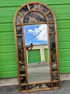 Vintage arched wall eglomise Mirror with hand painted chinoiserie panels