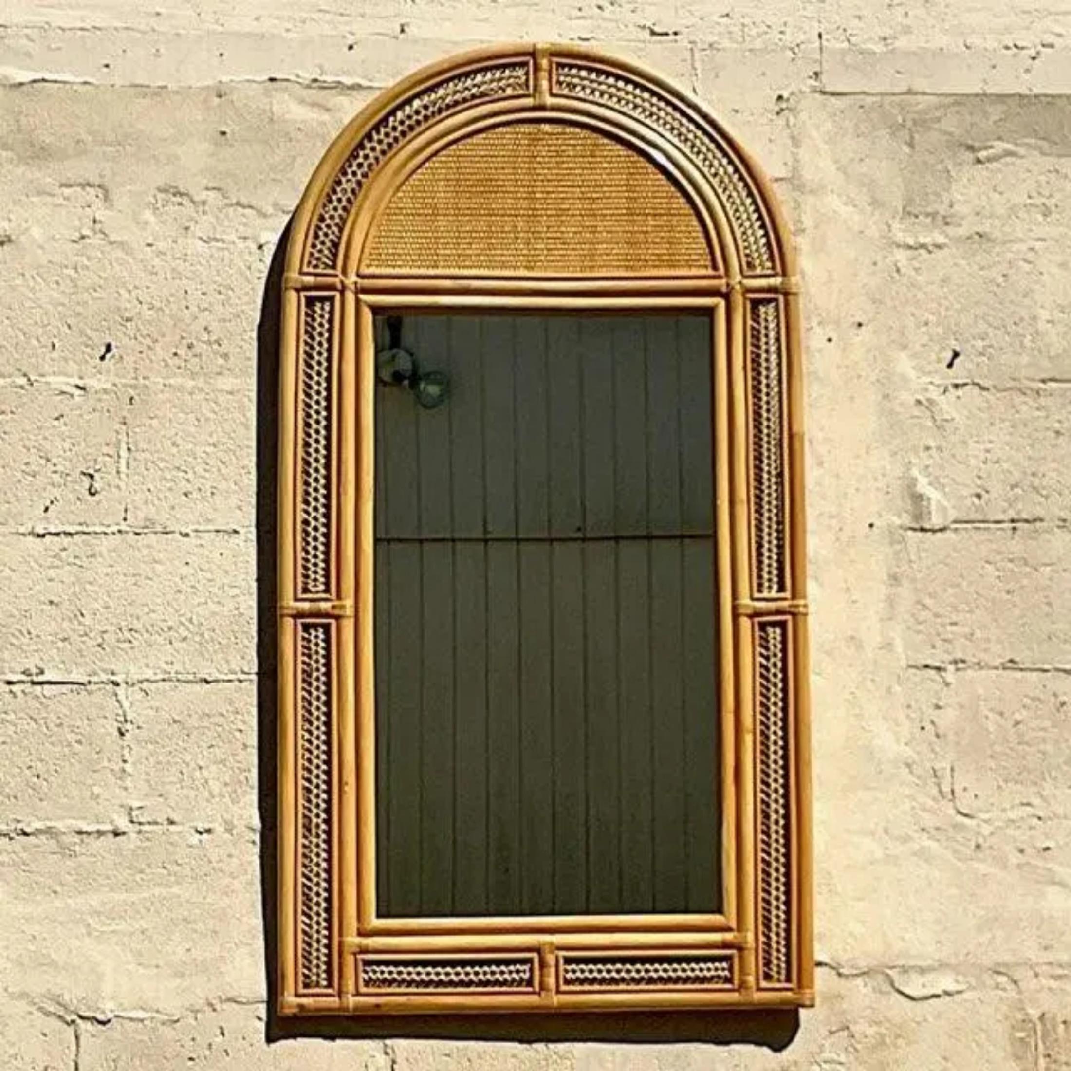 American Vintage Arched Woven Rattan Mirror For Sale