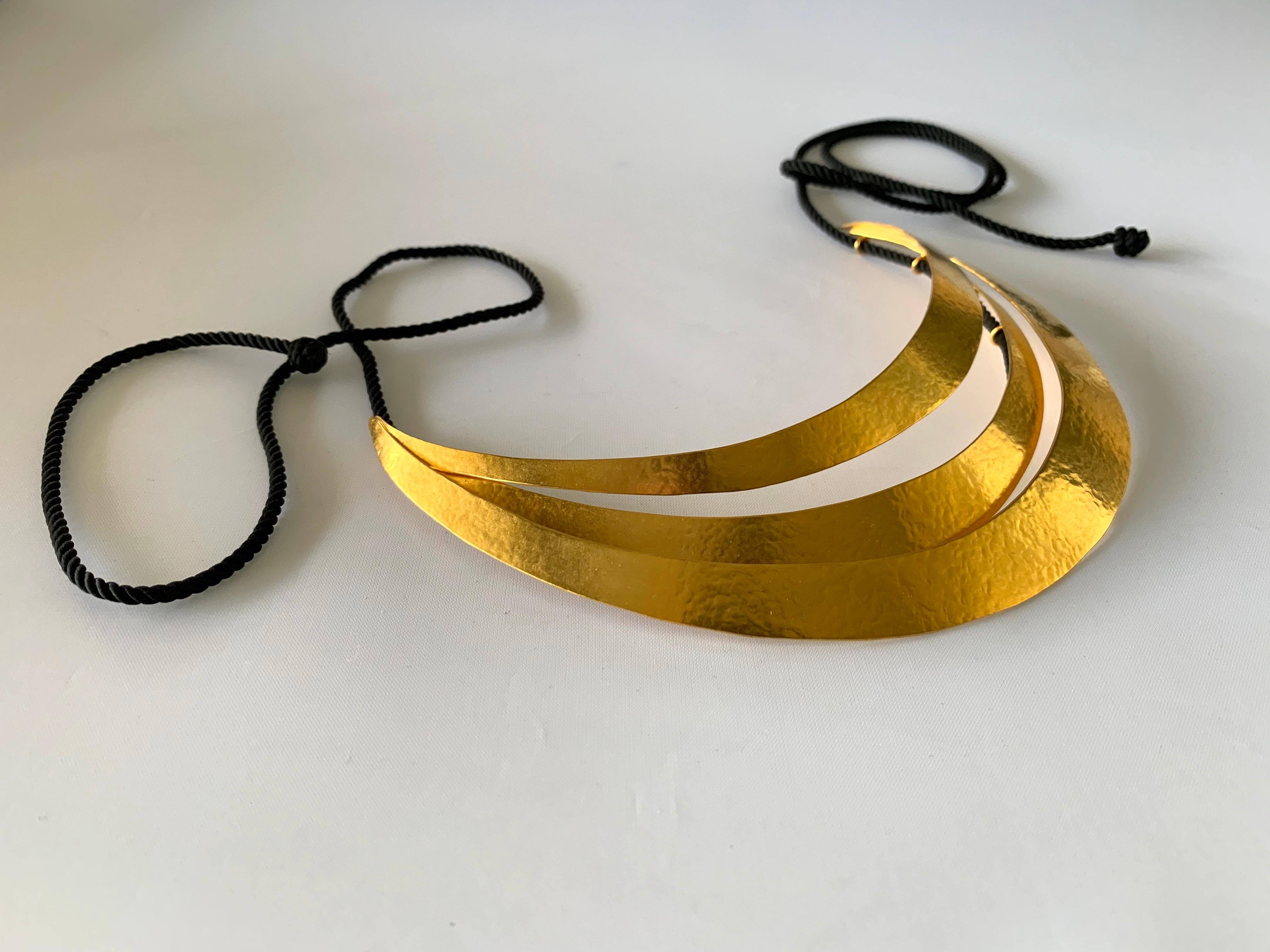 Vintage architectural wave statement necklace comprised out of 14k electroplated hammered metal 