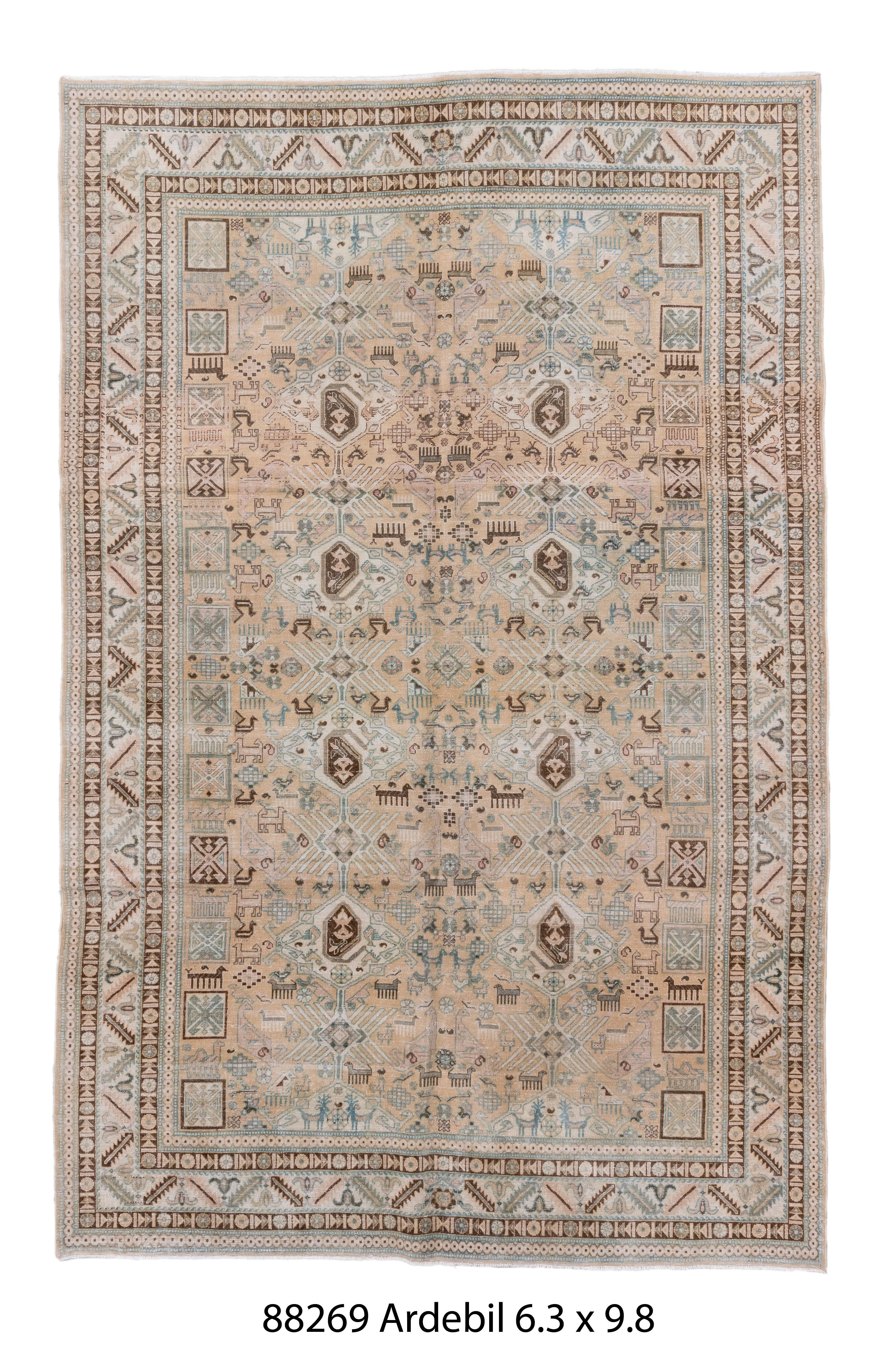 Vintage Ardebil Rug camel field with tribal lattice For Sale 1