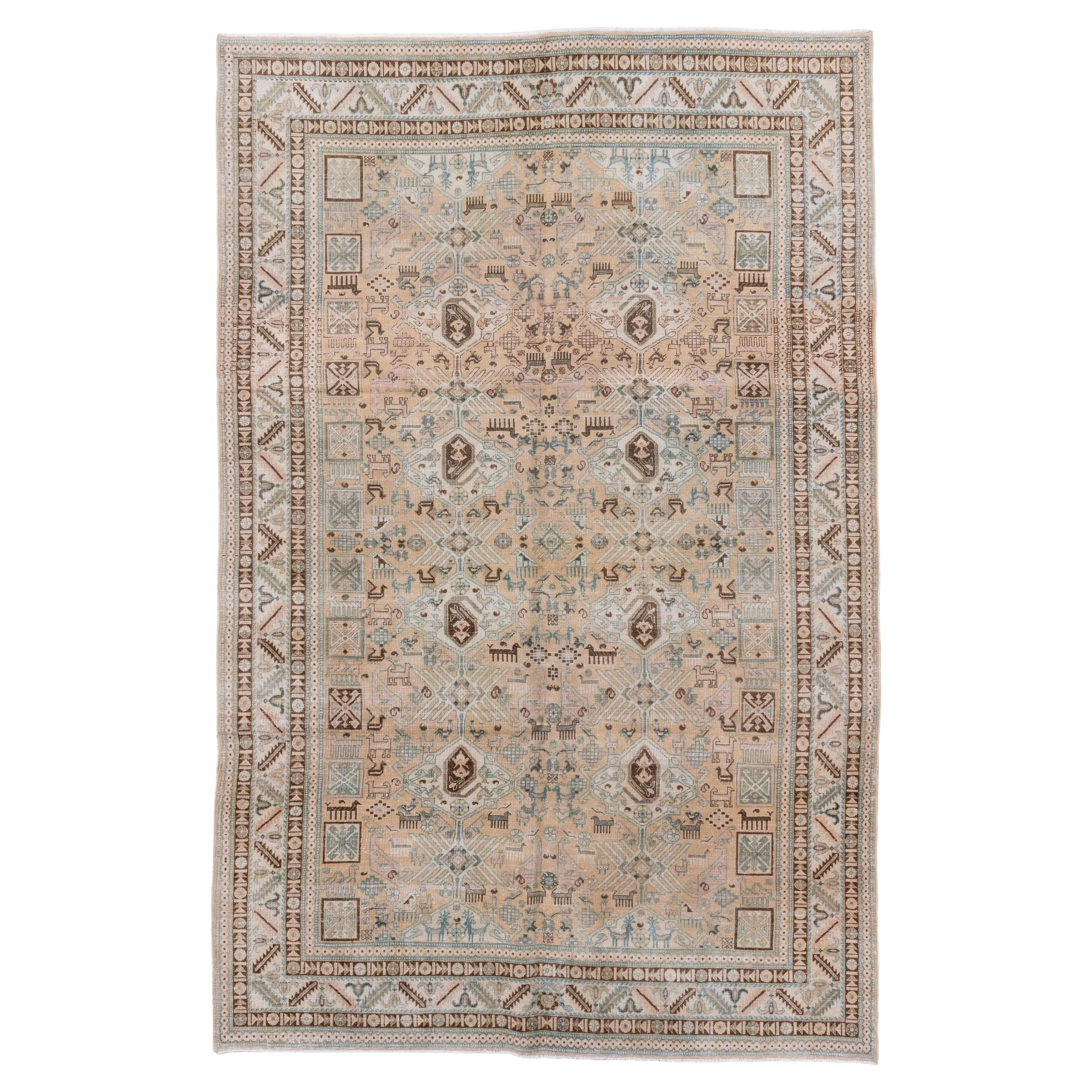 Vintage Ardebil Rug camel field with tribal lattice For Sale