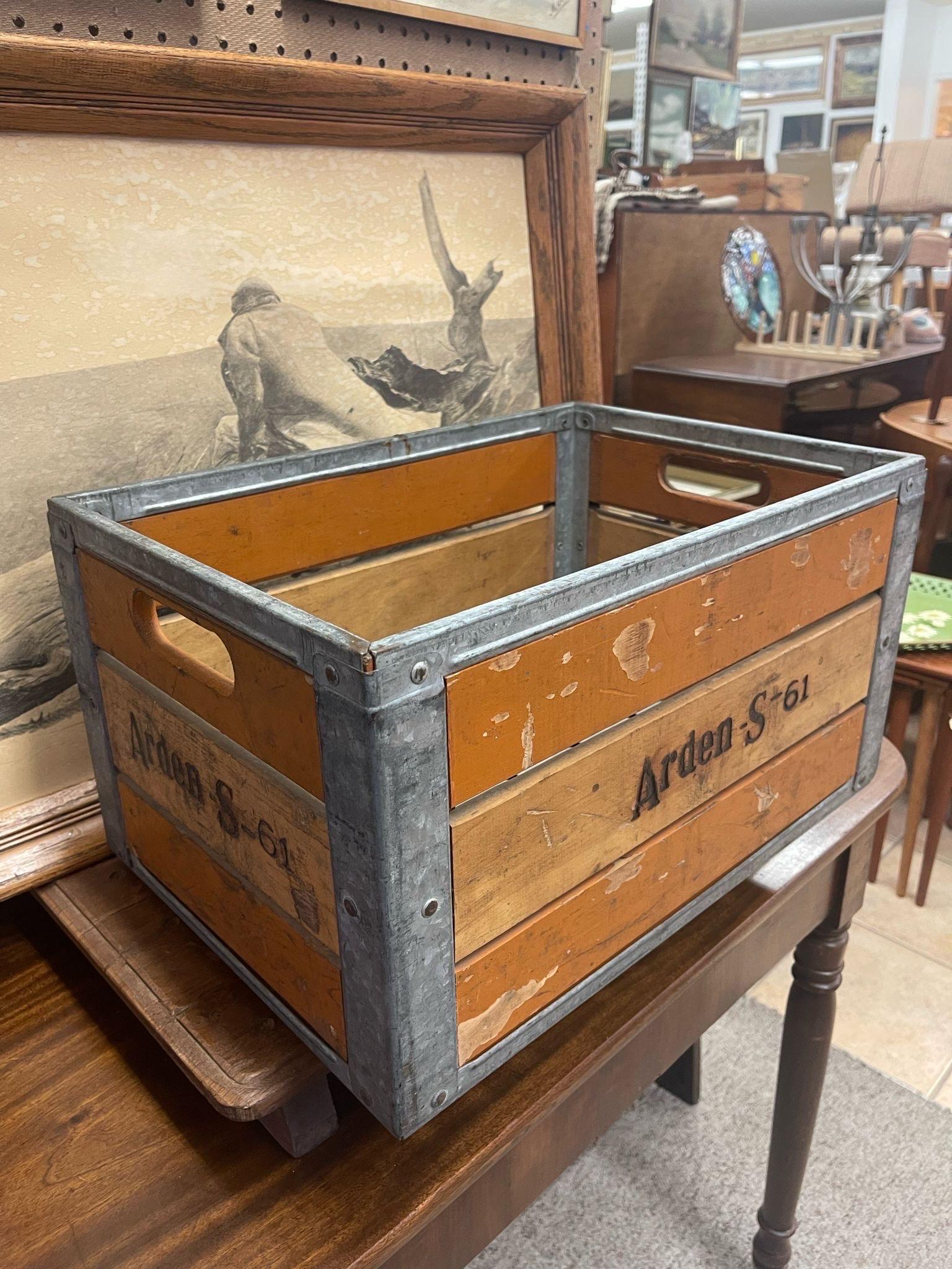 Circa 1961. Ardent Forms Metal and wood Crate. Wording has been embossed into the wood.Rustic vintage. Vintage Condition Consistent with Age as Pictured.

Dimensions. 19 W ; 13 D ; 10 1/2 H