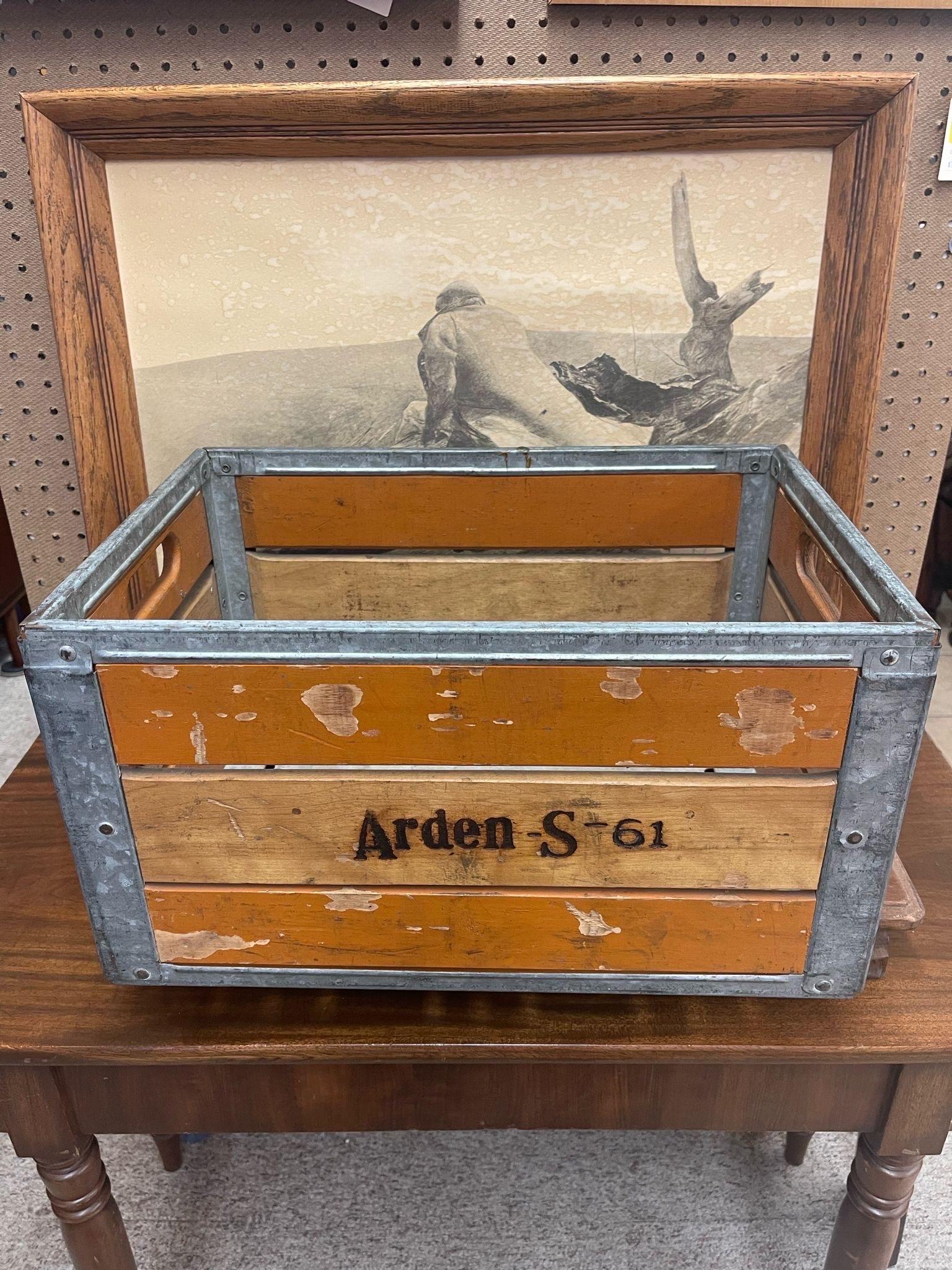 Mid-Century Modern Vintage Arden Company Milk. Crane Wood and Metal Storage Box. For Sale