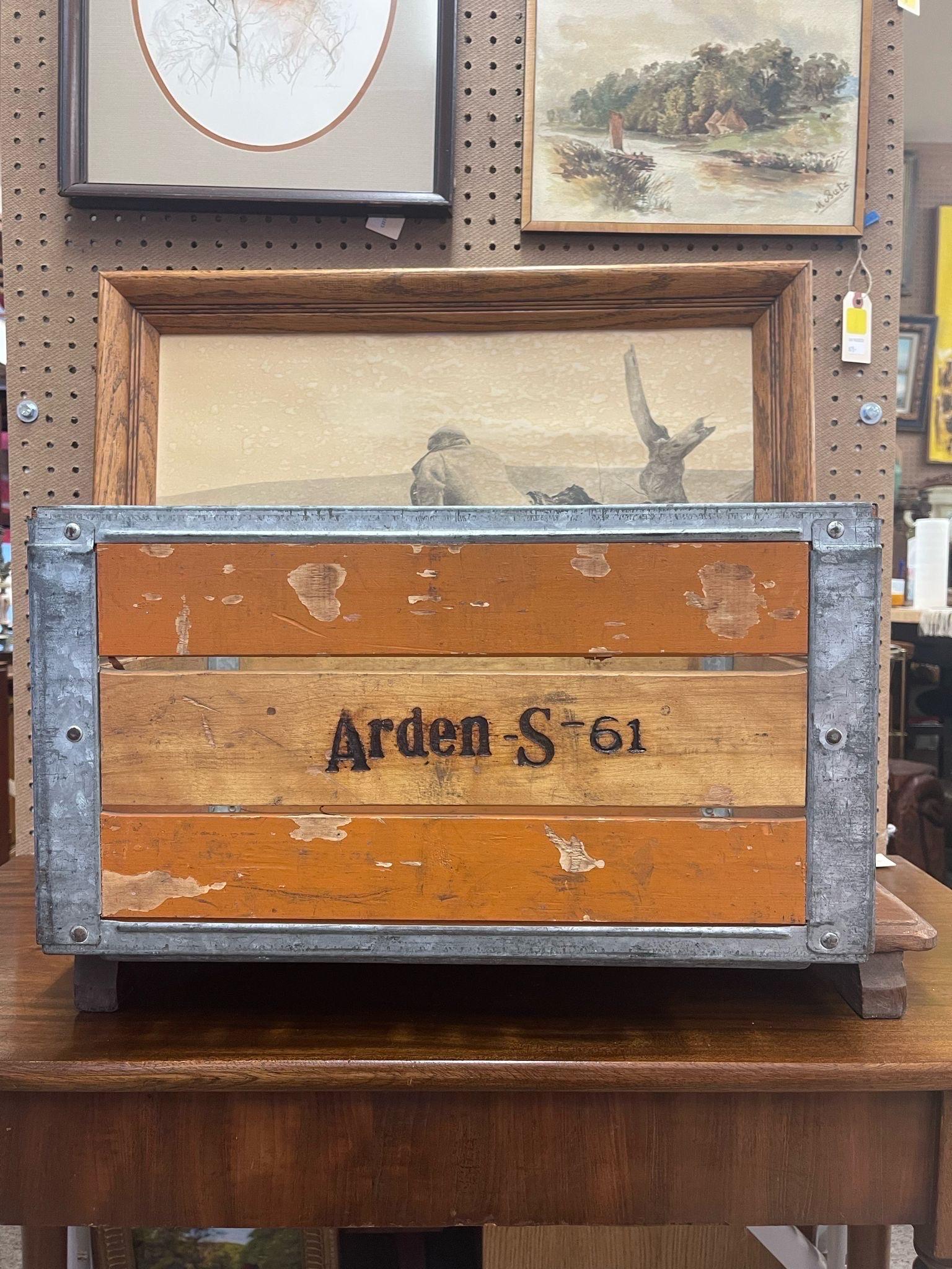 Mid-Century Modern Vintage Arden Company Milk. Crane Wood and Metal Storage Box. For Sale