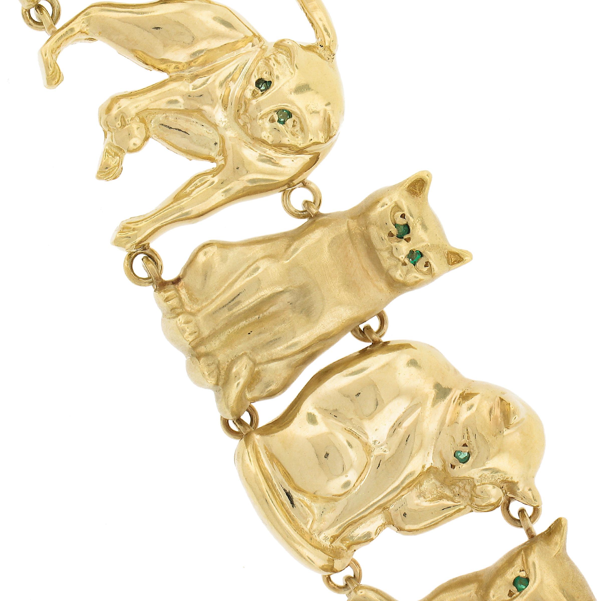 Vintage Ardian 18K Gold Emerald Eyes 9 Nine Lives 3D Cat Link Bracelet In Good Condition For Sale In Montclair, NJ