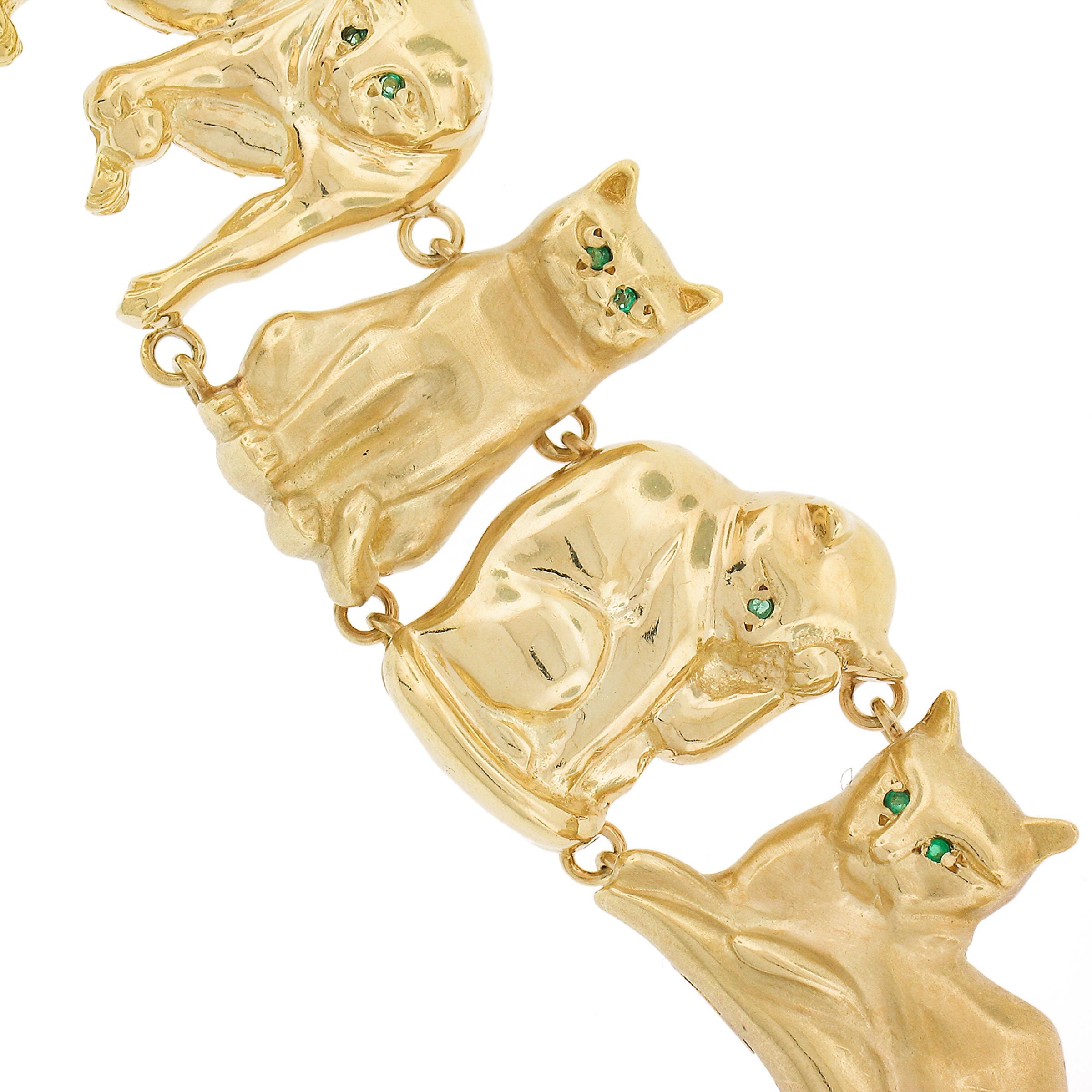 Vintage Ardian 18K Gold Emerald Eyes 9 Nine Lives 3D Cat Link Bracelet For Sale 1