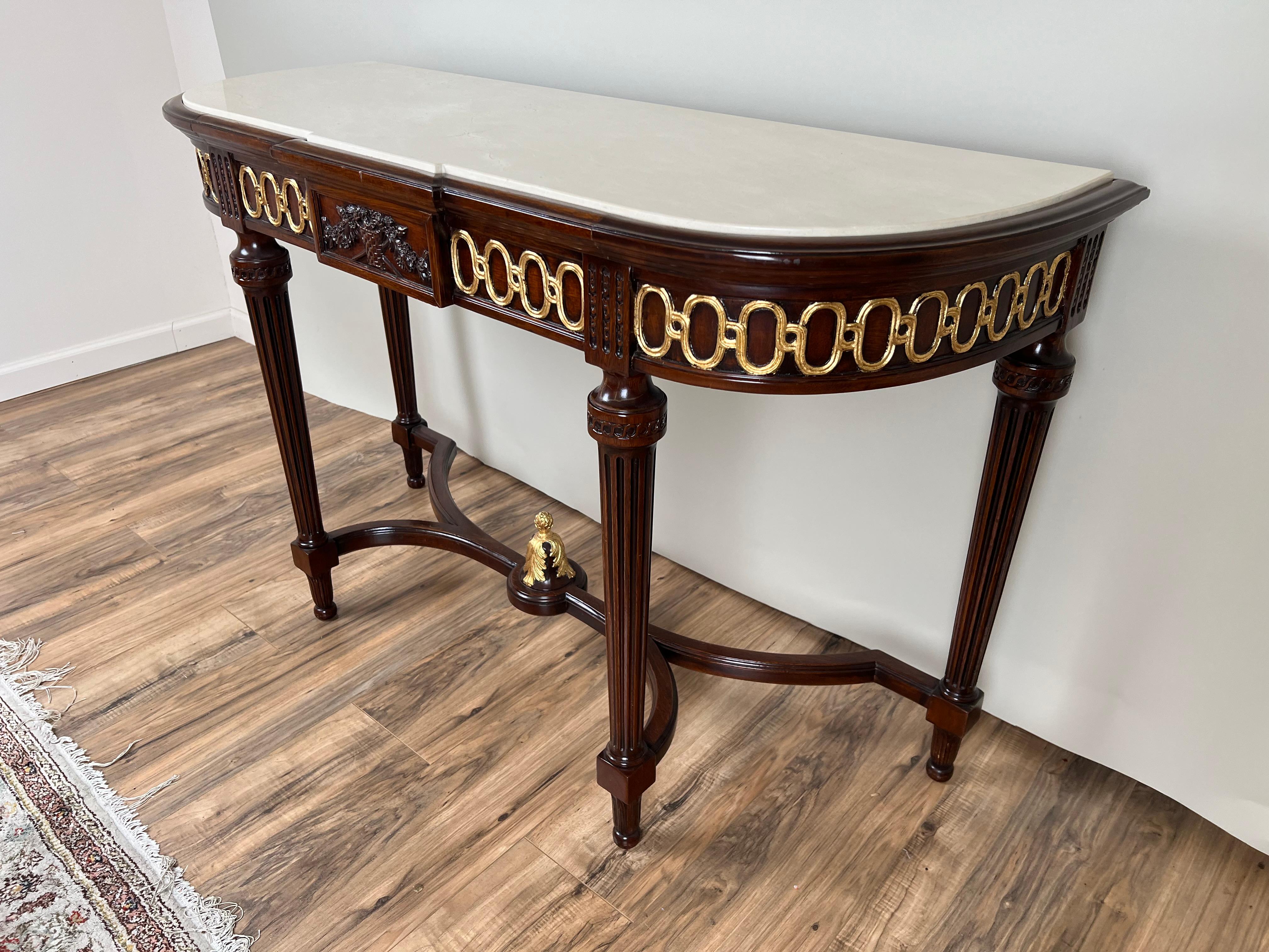 Acajou Vintage Ardley Hall Neoclassical Style Granite Top Parcel Gilt Console Table en vente