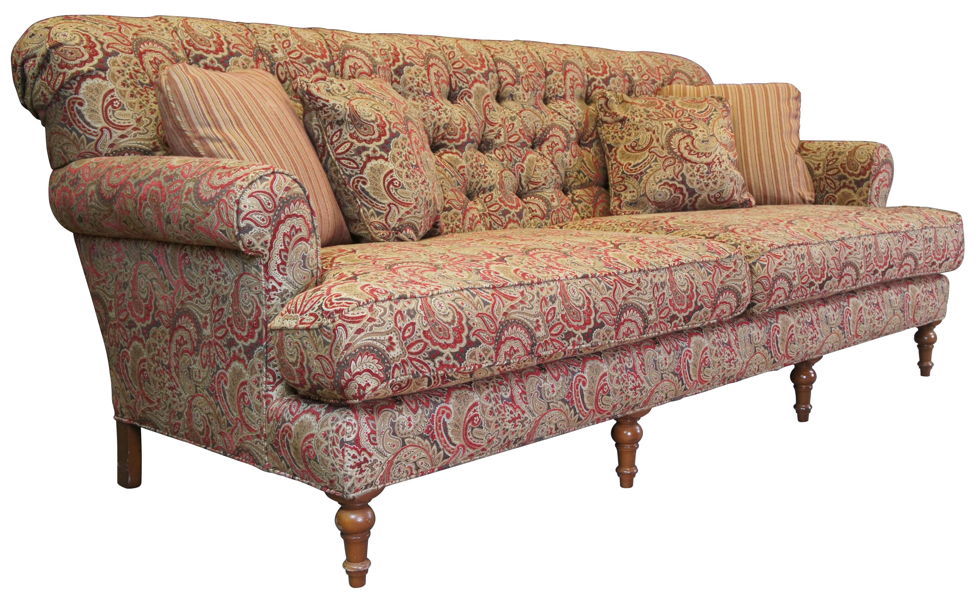 Vintage Arhaus Cambridge Collection sofa or couch featuring a tufted paisley upholstery and rolled arms. Includes four throw pillows.

 Measures: 97