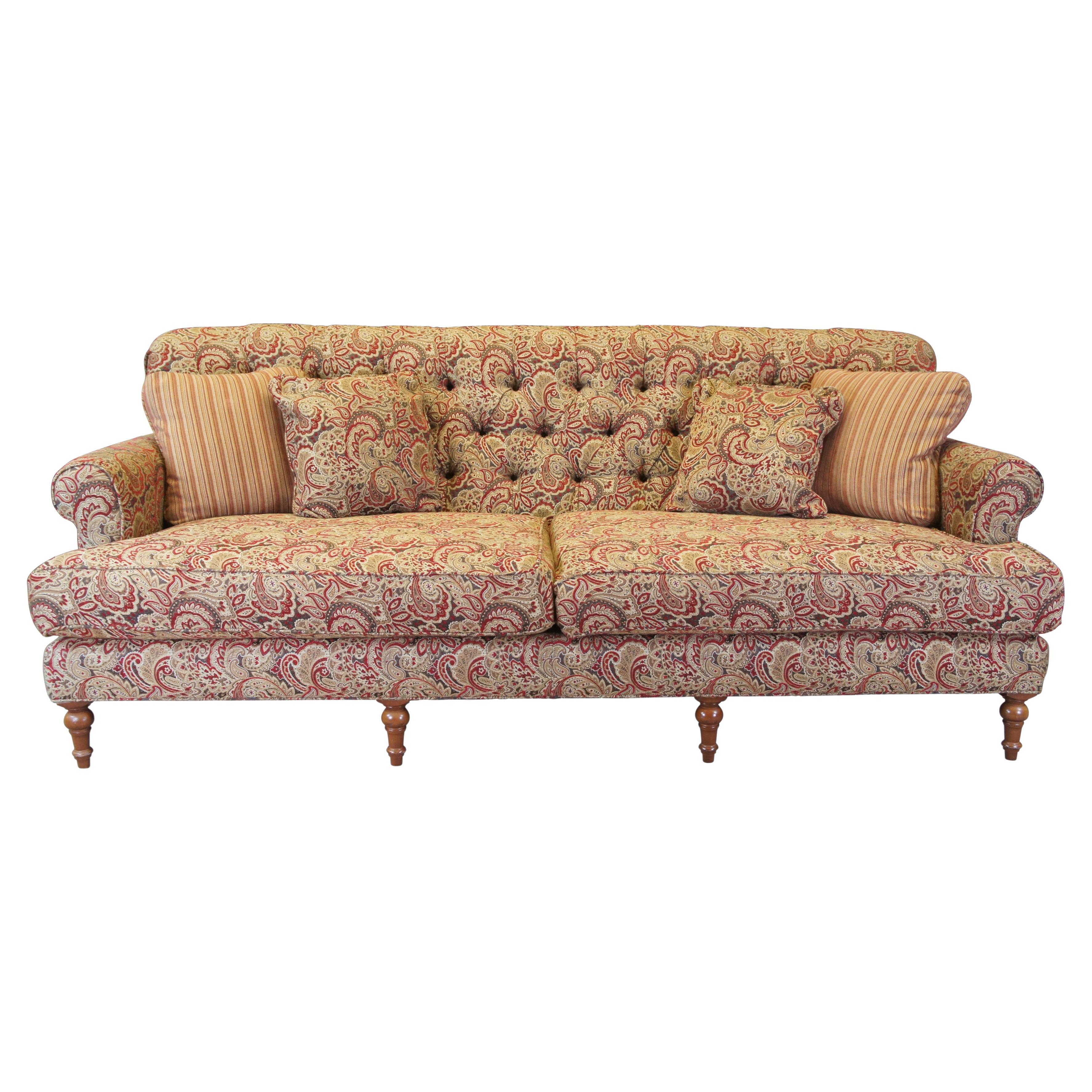 Vintage Arhaus Cambridge Collection Tufted Paisley Upholstered Sofa Couch 97 For Sale