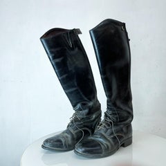 Vintage Ariat Black Leather Tall Riding Boots Lace Up Zipper Back