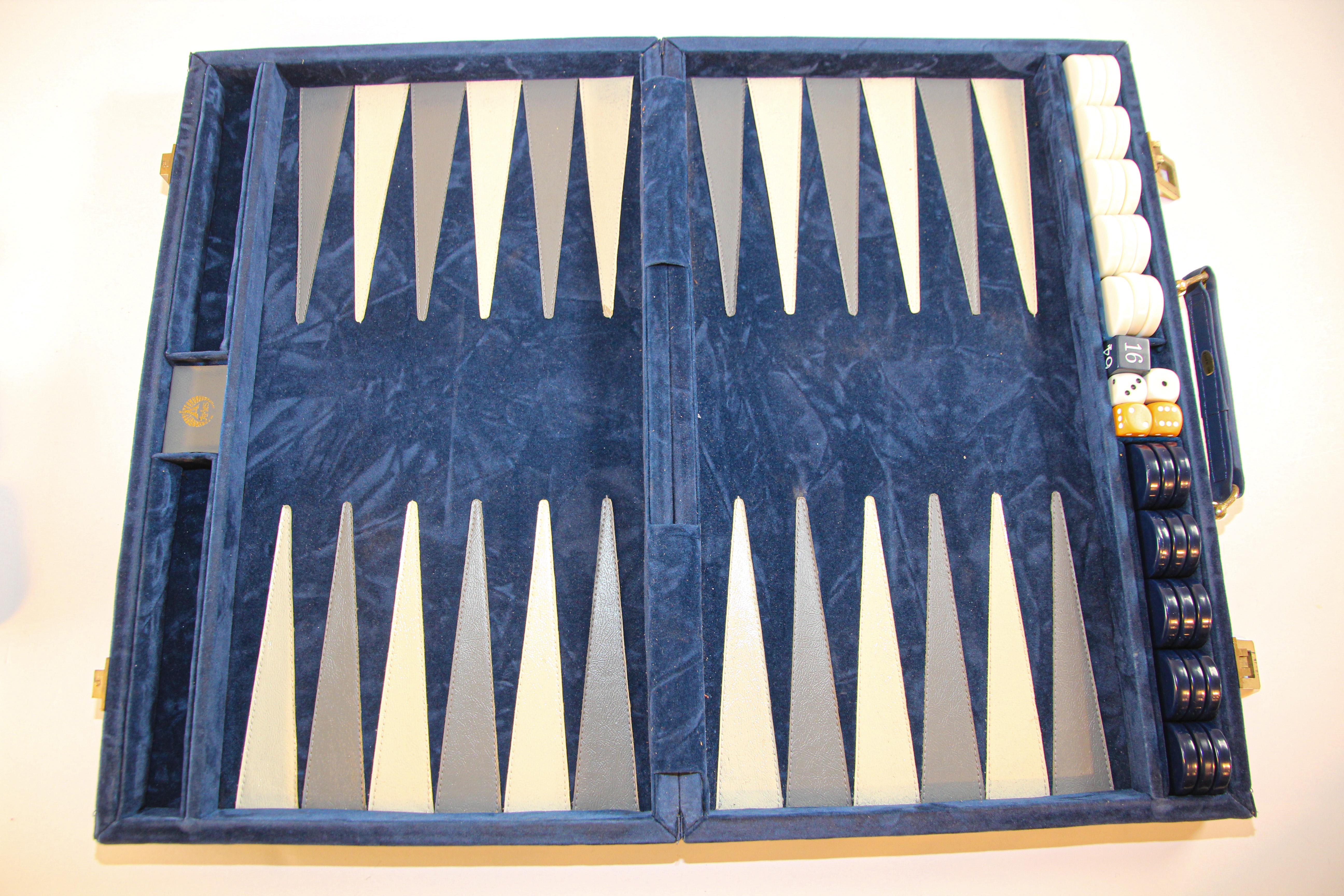 Fabric Vintage Aries Backgammon Set in a Blue Briefcase 1970s 