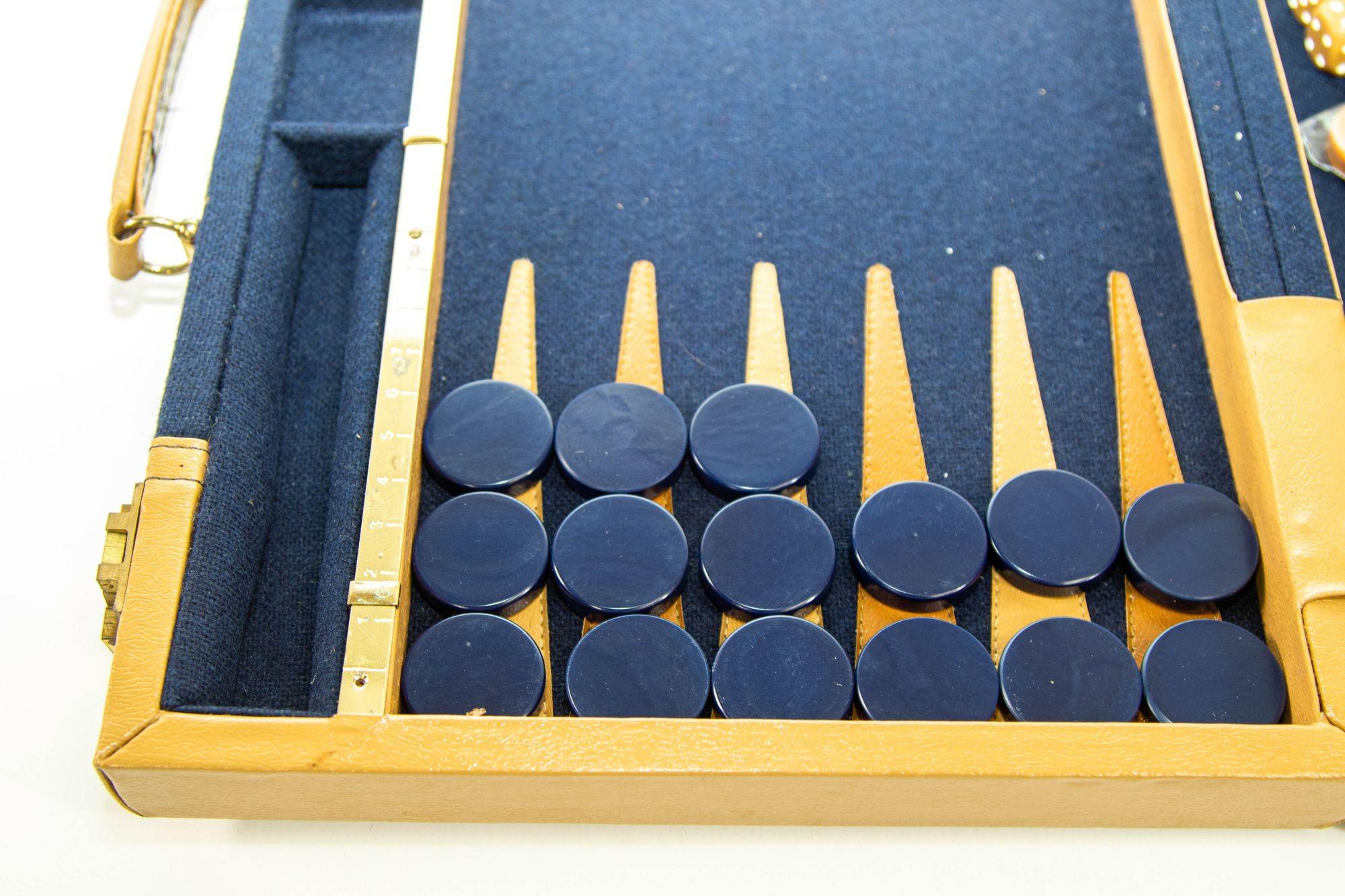 Vintage Aries Backgammon Set in a Blue Briefcase 1970s 1