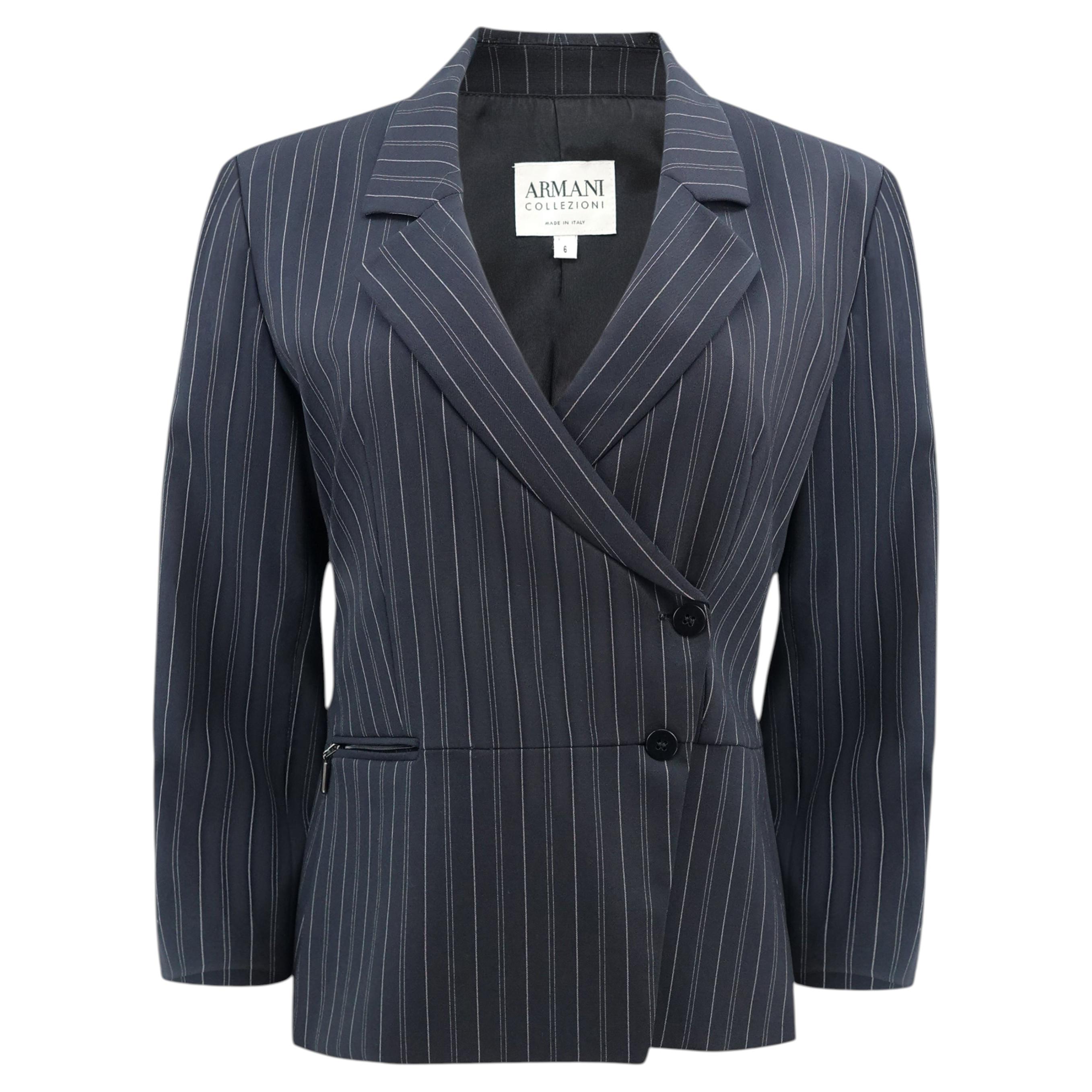 Vintage Armani Collezioni Asymmetrical Navy Pinstripe Double-Breasted Jacket For Sale