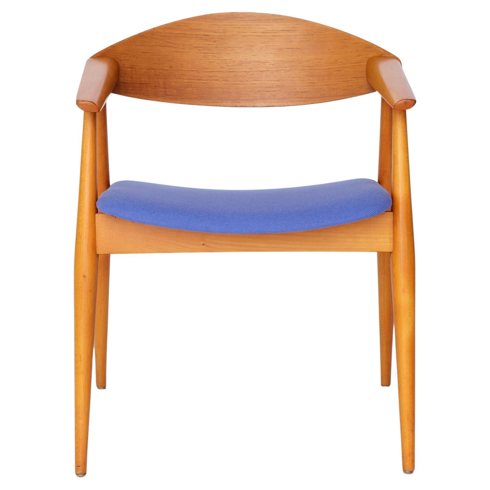 Vintage Armchair, 1960s German Design – Beech & Teak, Blue Upholstery