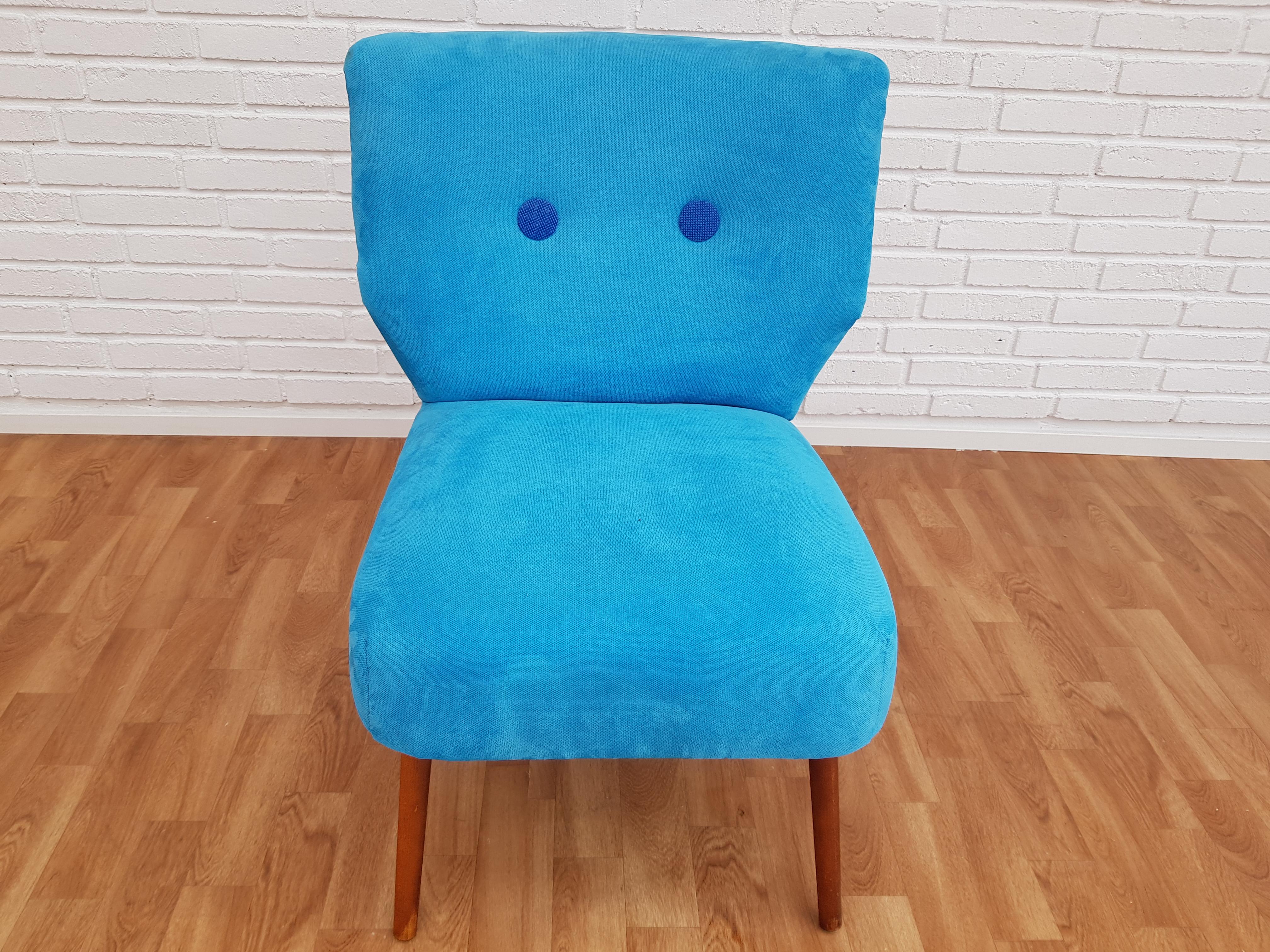 Stained Vintage Armchair, 1970s, Blue Fabric, Kvadrat Wool Buttons, Beechwood For Sale